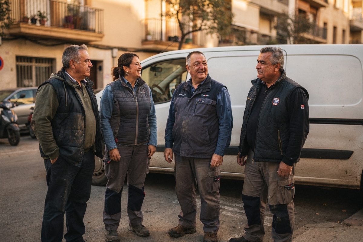 Equipo de Tejado Cero de pie frente a la furgoneta de la empresa