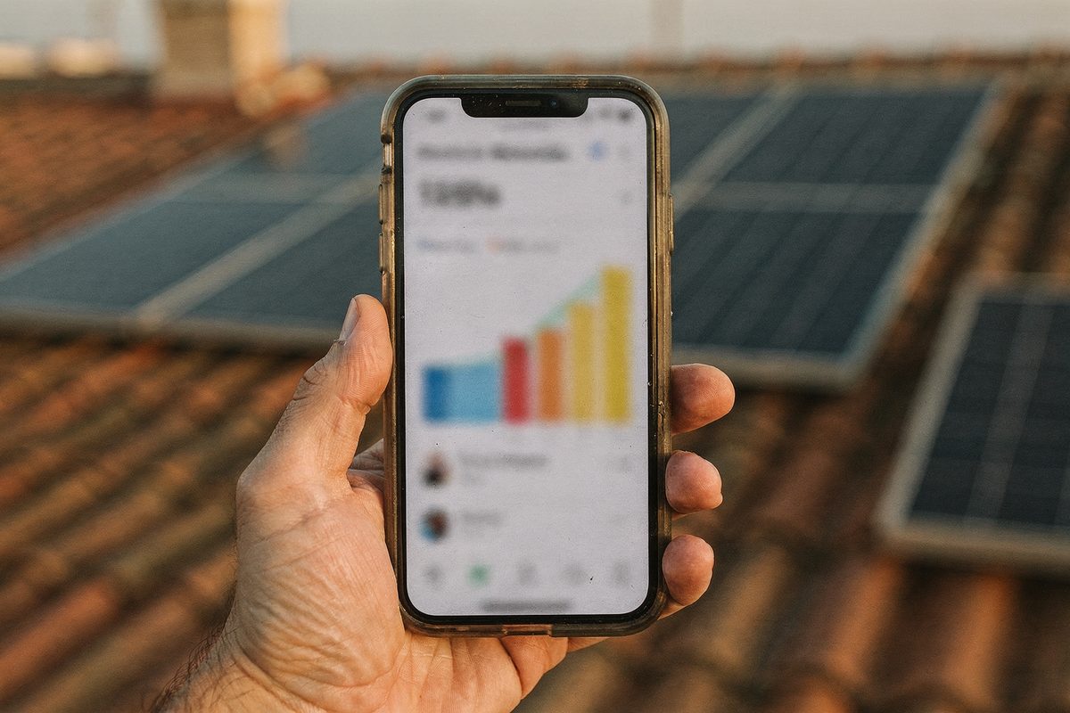 Mano sosteniendo un teléfono con la gráfica de producción de un sistema solar