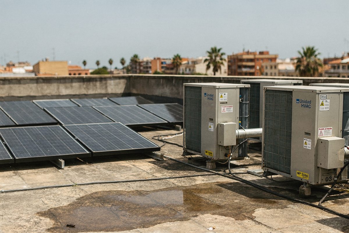 Cubierta de un edificio de oficinas pequeño con paneles solares instalados