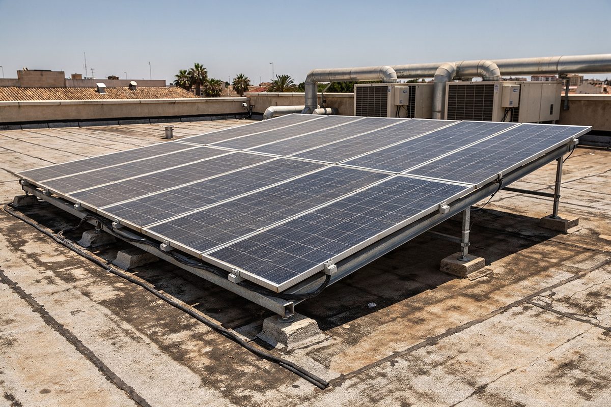 Sistema solar comercial de 10 kWp sobre la cubierta plana de una nave