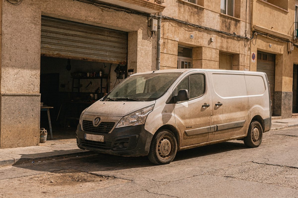 Fachada del taller técnico de Tejado Cero con la furgoneta aparcada