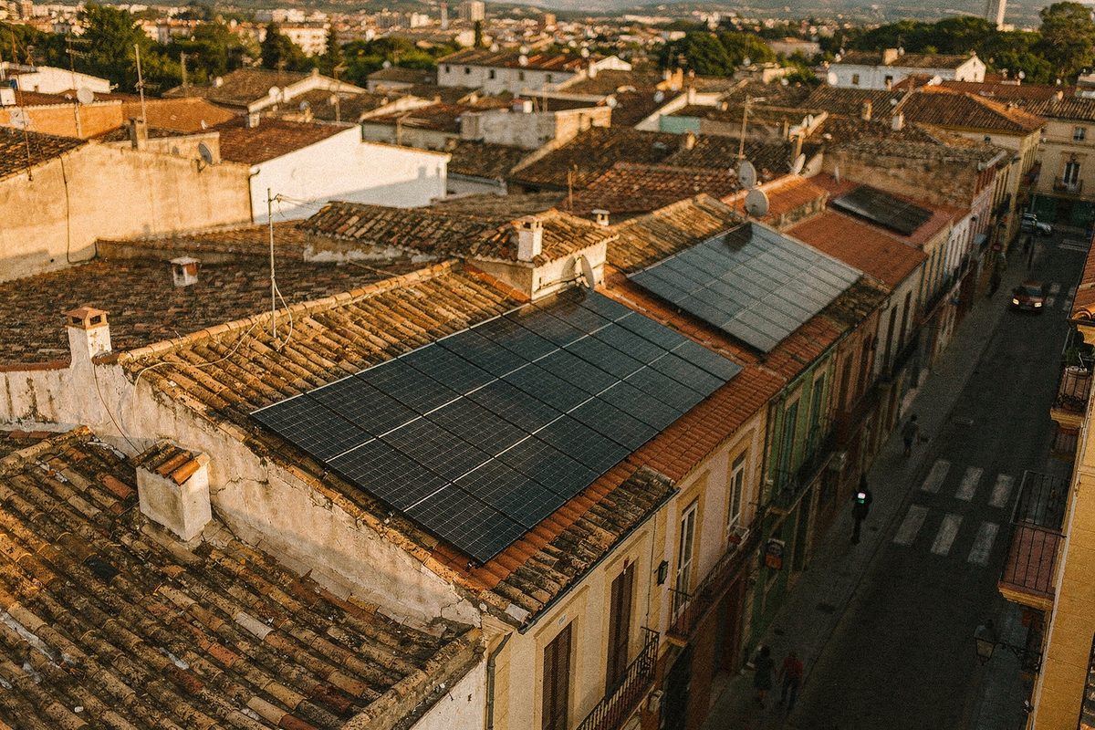 Vista aérea de tejados de Valencia con varias instalaciones de paneles solares