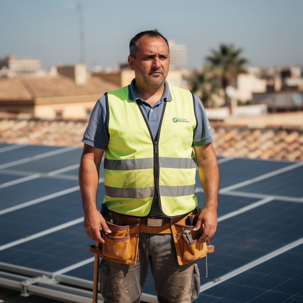 Retrato del fundador de Tejado Cero sobre un tejado con paneles solares