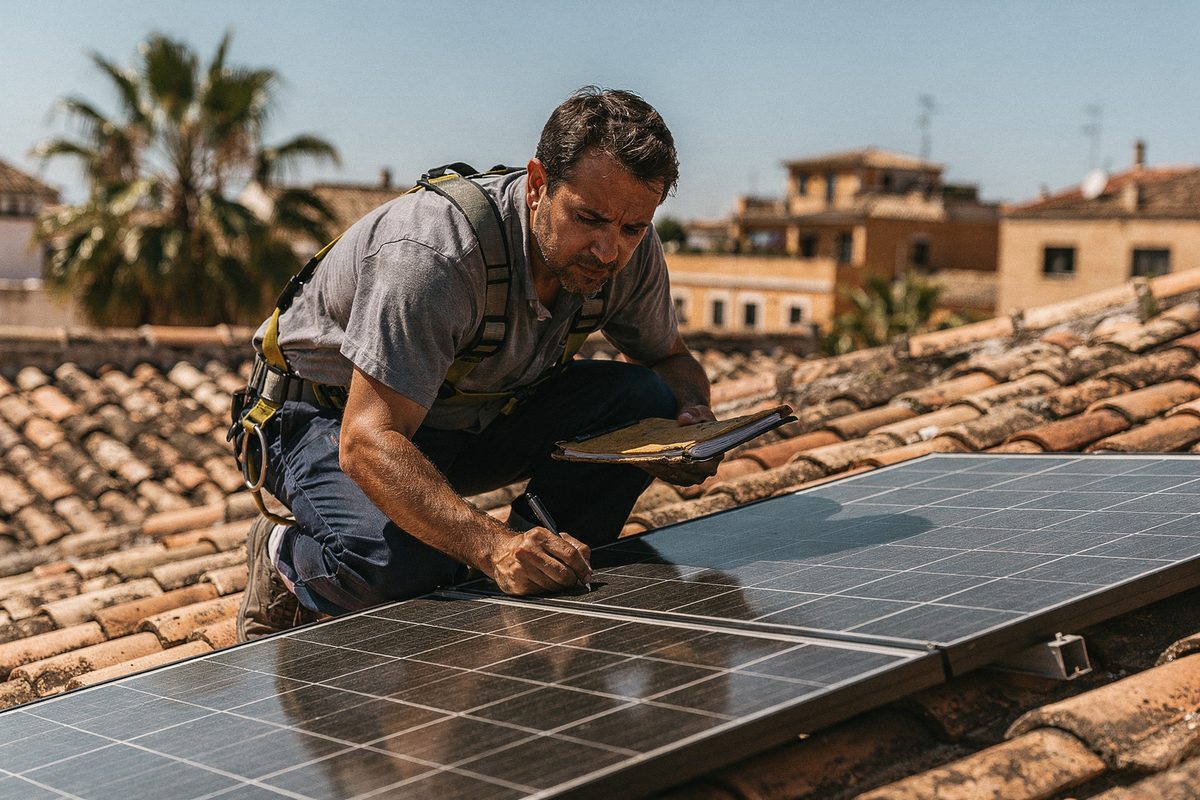 Técnico inspeccionando un panel solar durante una revisión de garantía