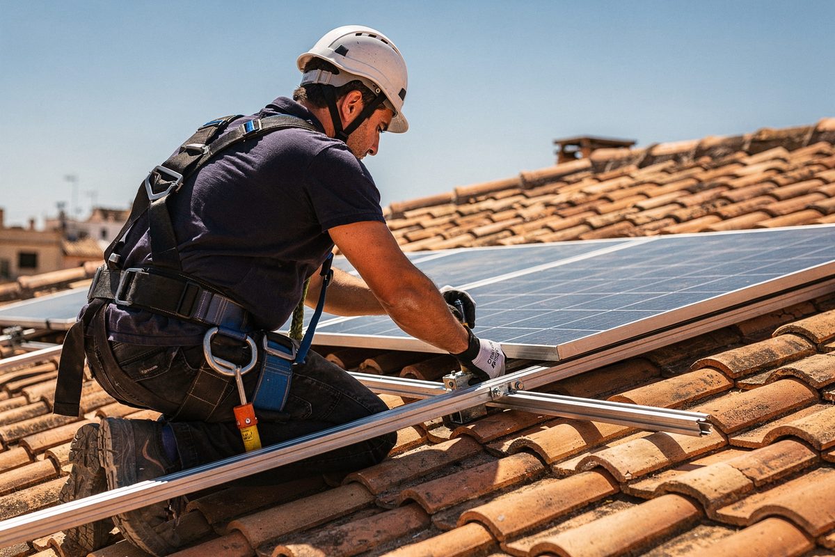 Técnico instalando un panel solar sobre un tejado de teja en Valencia