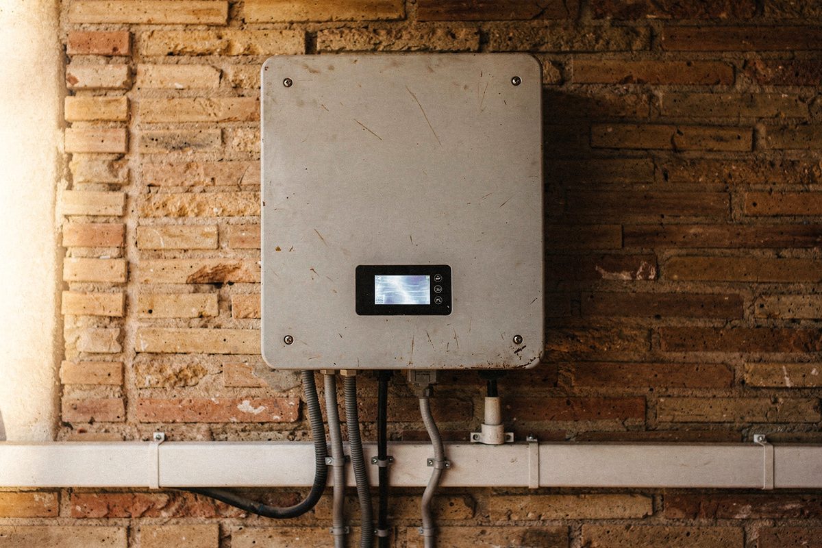 Inversor solar instalado en la pared de un garaje con cableado ordenado