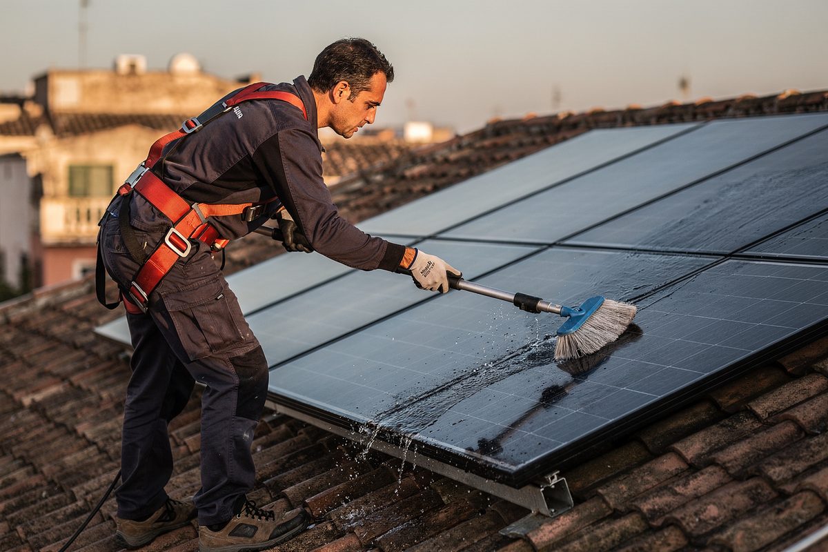 Técnico limpiando paneles solares con un cepillo telescópico