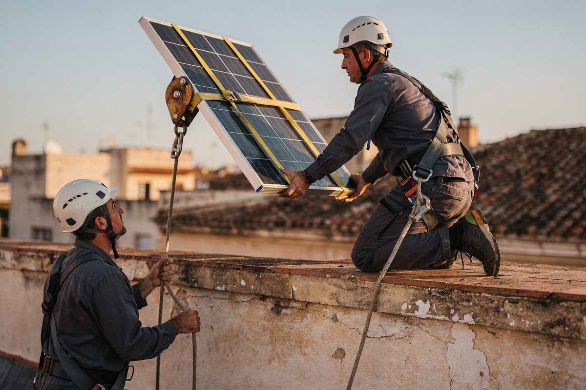 Técnico bajando de un tejado terminado con luz dorada de atardecer