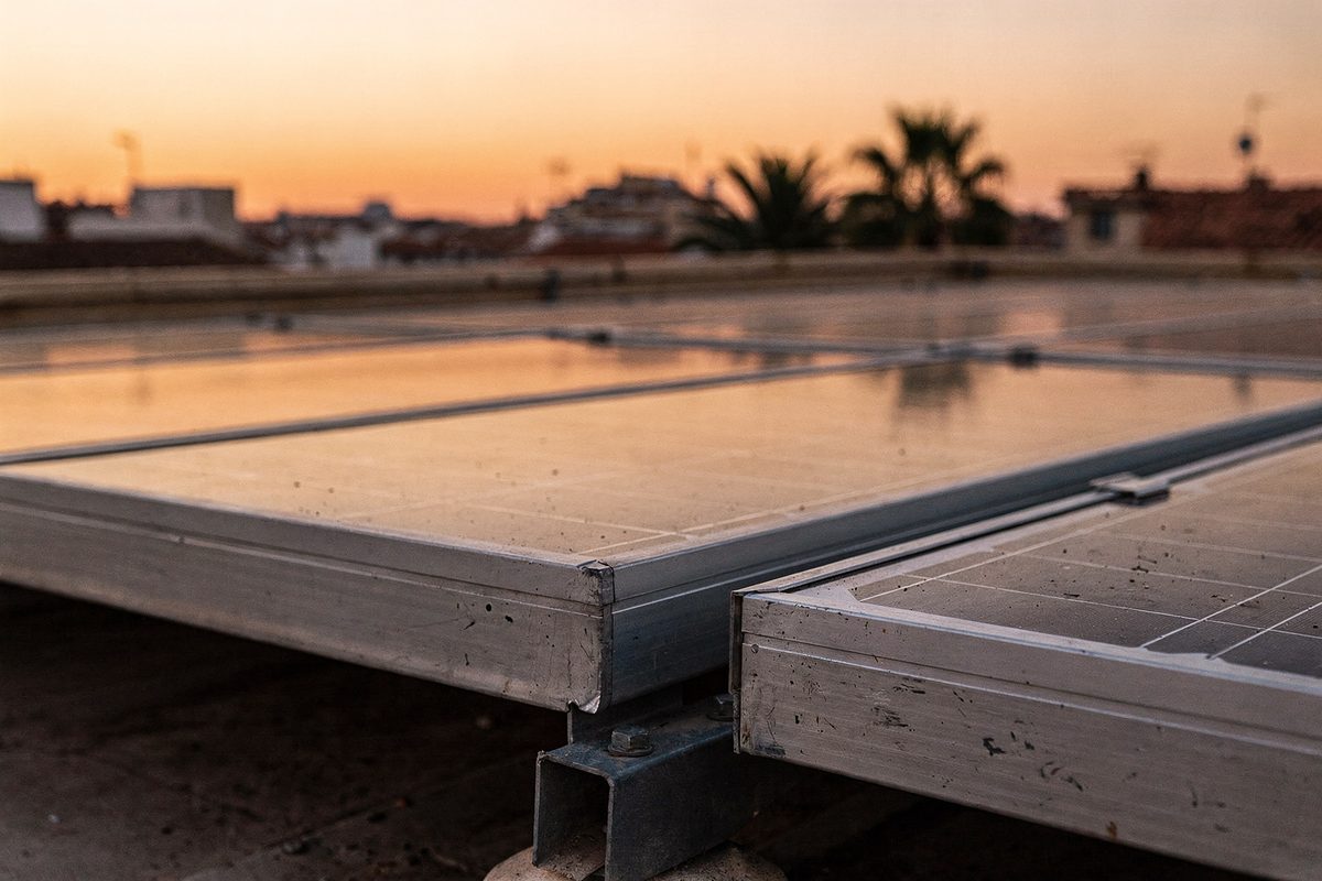 Paneles solares iluminados por la luz del atardecer sobre un tejado