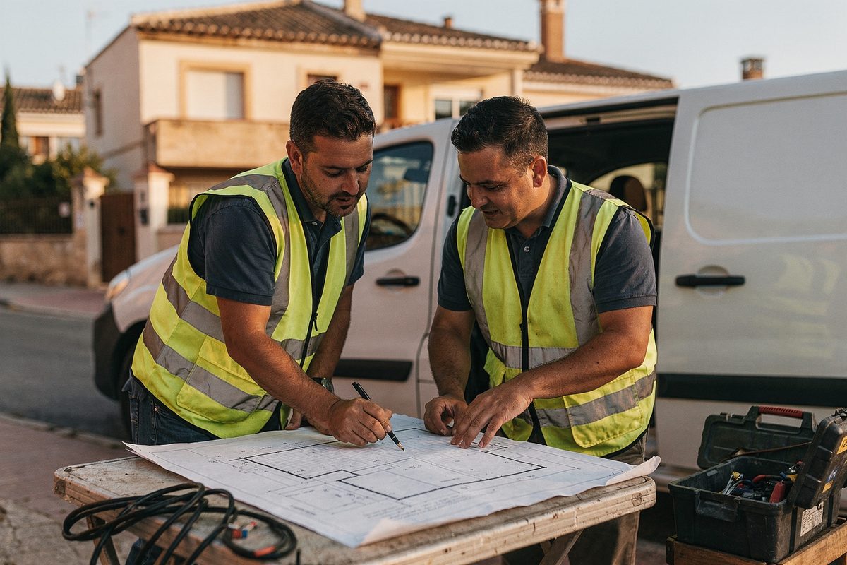Dos técnicos revisando el plano de una instalación solar junto a la furgoneta