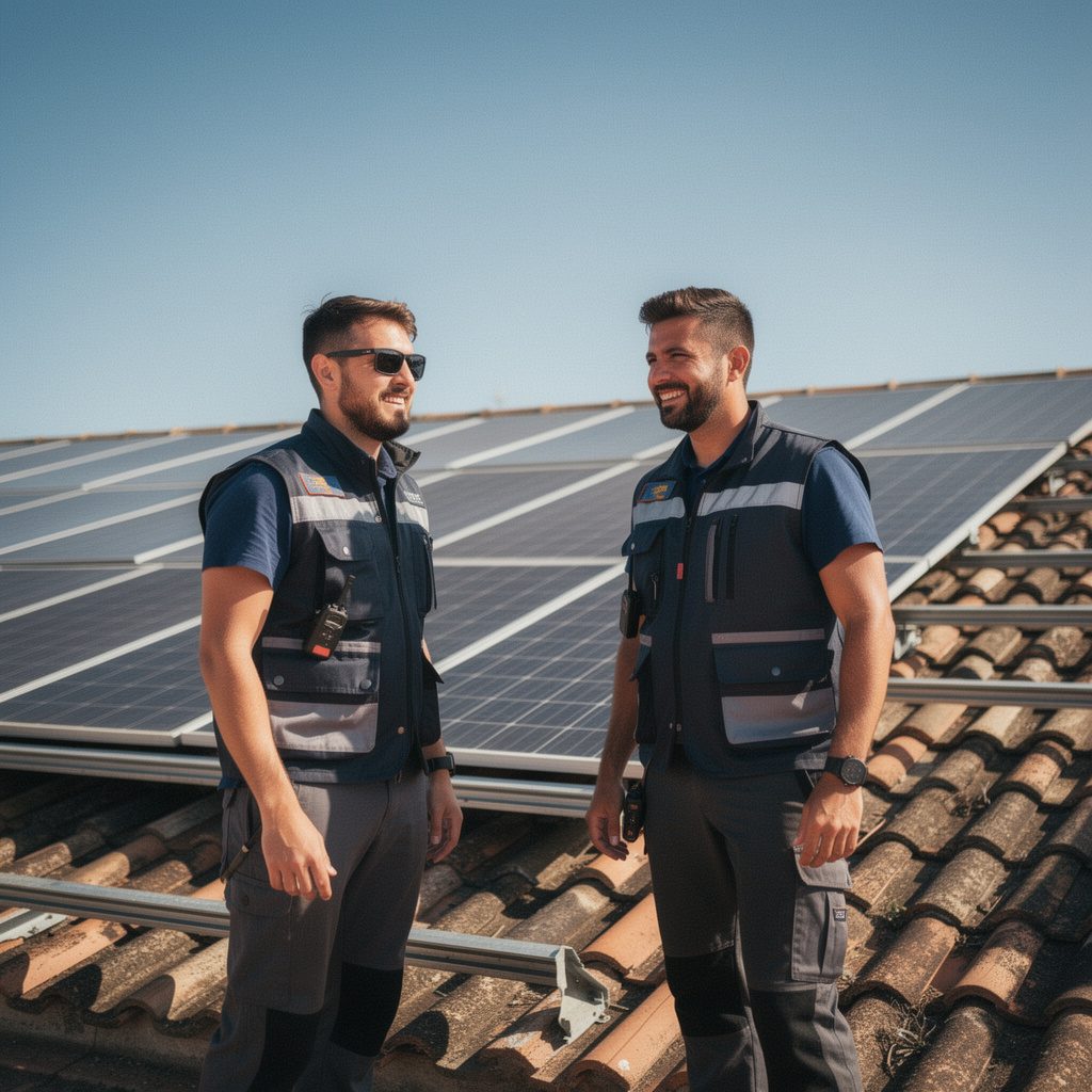 Dos instaladores de la empresa sobre un tejado con paneles solares terminados